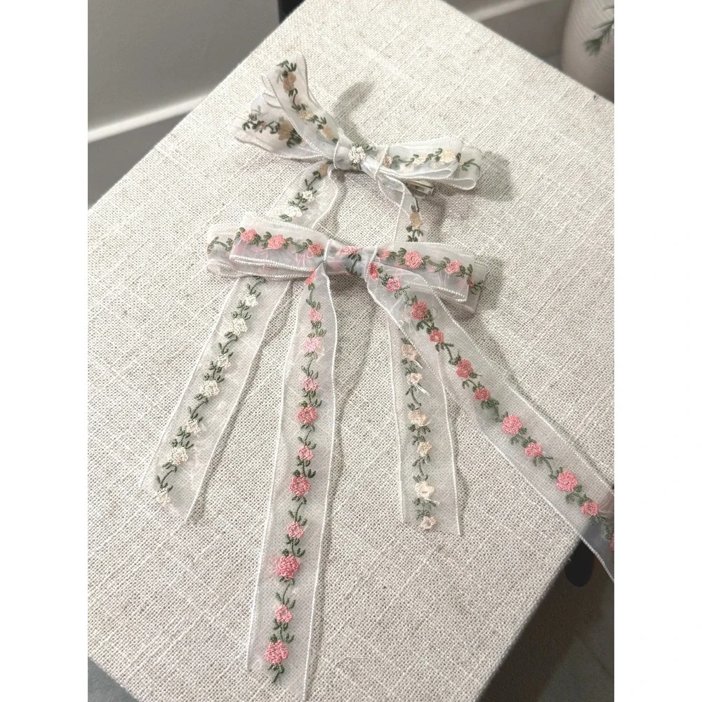 organza set hair bows long floral feminine cottagecore cute lolita cream pink‎